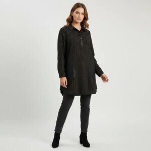 Grandi Women's Black Striped Exposed Front Pockets Long Sleeve Tunic Top Size M